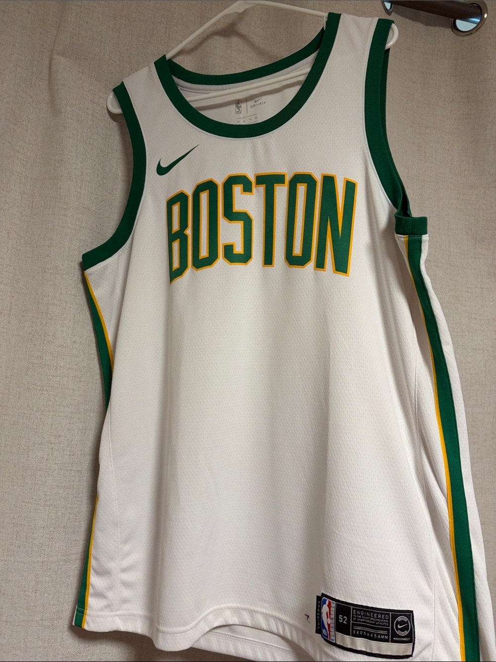 Nike White, Green & Yellow Boston Basketball Jersey